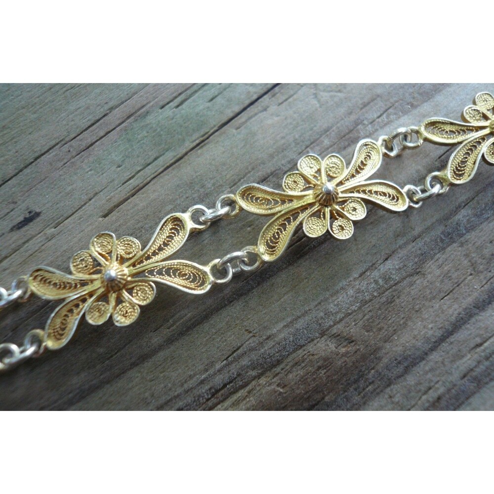 Antique 800 Silver Gold Vermeil Gilt Filigree Cannetille Wire Work Bracelet - Picture 2 of 8